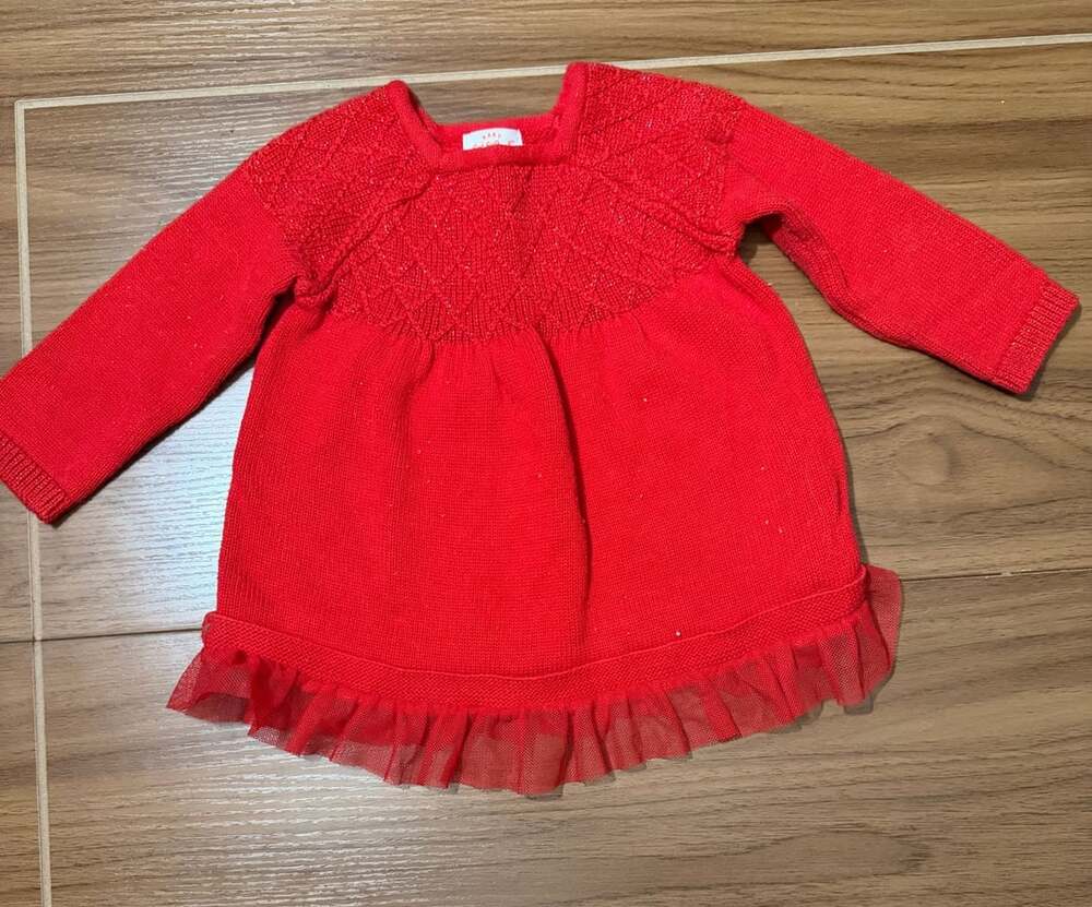 Baby Cat & Jack Red Knit Sweater Dress with Tulle Hem Size 6-9M